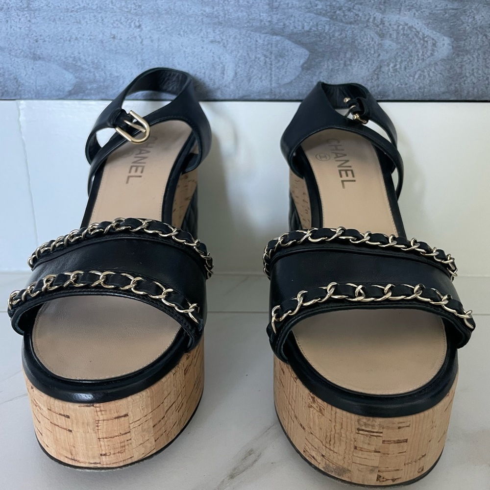 Chanel chain leather wedge sandals